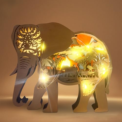 Xevinas 3D Holztiere Mit LED Nachtlicht, Holzfiguren Waldtiere Skulptur Handwerk Ornamente, Elefant Löwe Eule Fuchs Deko Figuren Holzstatue Dekoration Für Schlafzimmer Wohnzimmer Tisch Wand Deko (A) von Xevinas