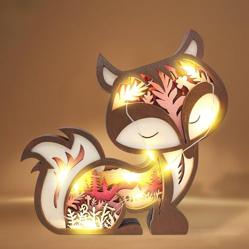Xevinas 3D Holztiere Mit LED Nachtlicht, Holzfiguren Waldtiere Skulptur Handwerk Ornamente, Elefant Löwe Eule Fuchs Deko Figuren Holzstatue Dekoration Für Schlafzimmer Wohnzimmer Tisch Wand Deko (D) Xevinas 3D Holztiere Mit LED Nachtlicht, Holzfiguren Waldtiere Skulptur Handwerk Ornamente, Elefant Löwe Eule Fuchs Deko Figuren Holzstatue Dekoration Für Schlafzimmer Wohnzimmer Tisch Wand Deko (D) von Xevinas