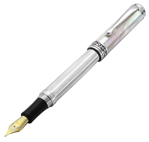 Xezo Maestro Füllfederhalter, mittelfeine Feder (0.45mm Linie), Geschenk des Schreibens Serie 925 Sterling Silber und weißes Perlmutt, handgefertigt, serialisiert von Xezo