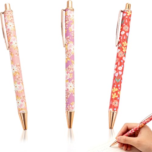 Xgvzs 3 Stück Kugelschreiber mit Blumenmuster, einziehbar, hübscher Kugelschreiber, niedlicher Stift, ausgefallene Metallblumen, Kugelschreiber für Frauen, Kollegen, Lehrer, Studenten, Geschenke von Xgvzs