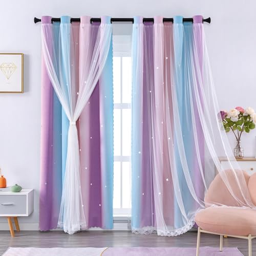 XiDi Kinderzimmer Vorhänge H213cm mit Schleier - Verdunkelungsvorhänge für Wohnräume - Farbige Sternenapplikationen & Schalldämmung Pink Blue Purple /86/213/2 DE von XiDi