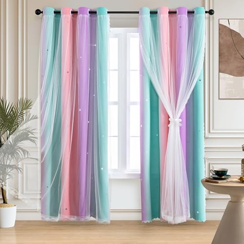 XiDi Regenbogenvorhänge für Schlafzimmer Dekoration ausgehöhlte Sterne grüne Thermoisolierte Netzvorhänge mit Ringen für Kinder Mädchen Pink PurpleGreen/132/160/2 IT XiDi Regenbogenvorhänge für Schlafzimmer Dekoration ausgehöhlte Sterne grüne Thermoisolierte Netzvorhänge mit Ringen für Kinder Mädchen Pink PurpleGreen/132/160/2 IT von XiDi