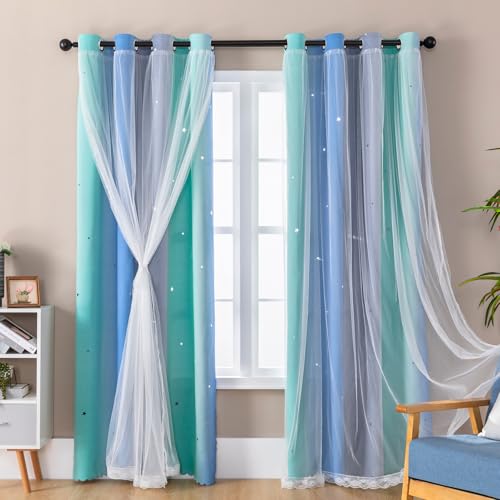 XiDi Verdunkelungsvorhänge mit Netz 137 Drop Hollow Out Star Pattern Mix Weiß Voile Vorhänge mit kurzen Ösen, transparent, für Kinder, Jugendzimmer, 132 cm, Grün Blaugrau/132/137/2 IT XiDi Verdunkelungsvorhänge mit Netz 137 Drop Hollow Out Star Pattern Mix Weiß Voile Vorhänge mit kurzen Ösen, transparent, für Kinder, Jugendzimmer, 132 cm, Grün Blaugrau/132/137/2 IT von XiDi