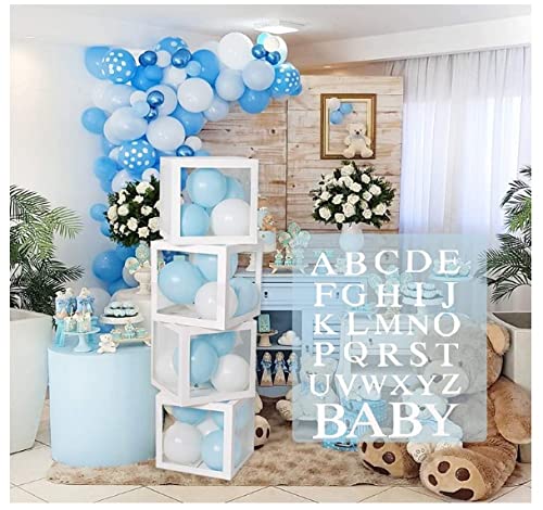 Baby Shower Box Dekoration, XiYee 4Pcs Transparente Baby Luftballon Boxen mit 26 Buchstaben A-Z + Buchstaben BABY, Weiß Ballon Box für Junge Mädchen Baby Geburtstag Party, Gender Reveal Dekoration von XiYee