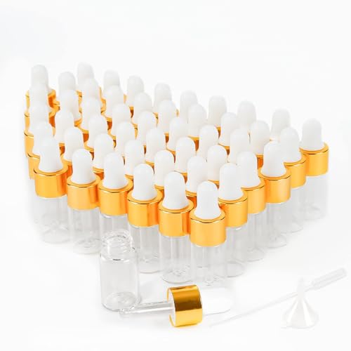 XiYee 50 Pack Mini Pipettenflasche,3ml/5ml Transparente Glasflasche mit Tropfpipette,für Ätherisches Öl,Aromatherapie, Massage, Duftöl Probe (Gold 50pcs) (3ML) von XiYee