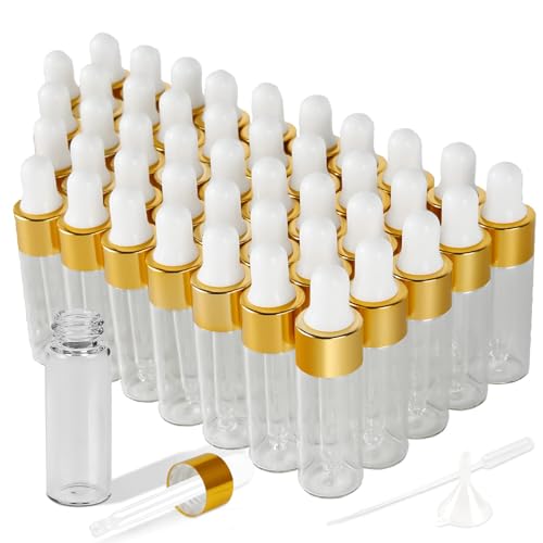 XiYee 50 Pack Mini Pipettenflasche,3ml/5ml Transparente Glasflasche mit Tropfpipette,für Ätherisches Öl,Aromatherapie, Massage, Duftöl Probe (Gold 50pcs) (5ML) von XiYee