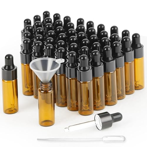 XiYee 50 Pack Mini Pipettenflasche,3ml/5ml Transparente Glasflasche mit Tropfpipette,für Ätherisches Öl,Aromatherapie, Massage, Duftöl Probe (Braun 50pcs) (5ML) von XiYee