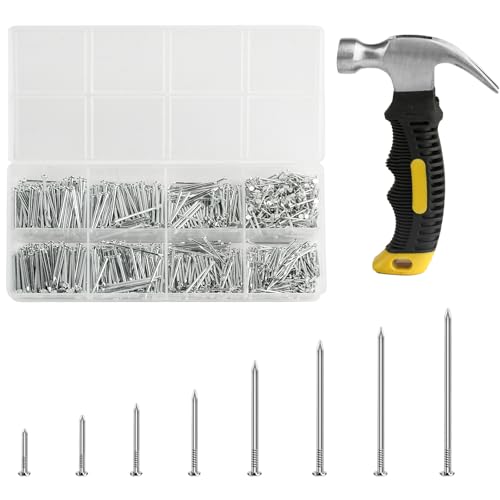 1030 Stück Stahlnägel für Bilder Stahlnagel Set, Nägel Bilder Aufhängen, Betonnägel, Holznägel Wandnägel für Bilderrahmen Nagel für Trockenbau Betonwände Holz Ziegelstein Nails, mit 1 Nagelhammer von XiangJunly