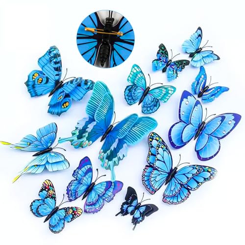 24 Stück Blau Schmetterling Deko, 3D Flügel Schmetterlinge Deko mit Sicherheitsnadeln Brosche, PVC Frühlingsdeko für Schlafzimmer Wohnzimmer Büro Garten Tisch Dekoration(Blau) von XiangJunly