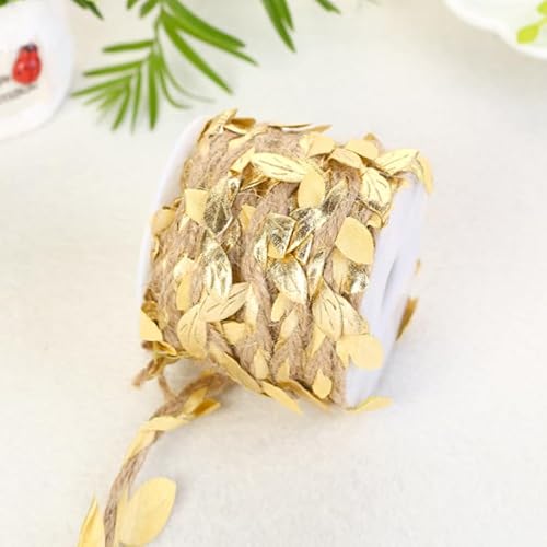 Juteband, 20 m insgesamt, 5 mm natürliches Jute-Fadenband mit künstlichen Blättern, verwendet für Handwerk, Hochzeiten, Dschungel-Park-Partys, Heimdekoration (2 Stück, Gold) von Xiao Hua