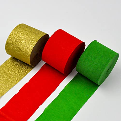 XIAO HUA Krepppapier-Luftschlangen, 3 Rollen, goldfarben, rot, grün, Krepppapier für Geburtstagsdekorationen, Babyparty-Dekorationen (4,6 cm x 2,5 m/Rolle) von Xiao Hua