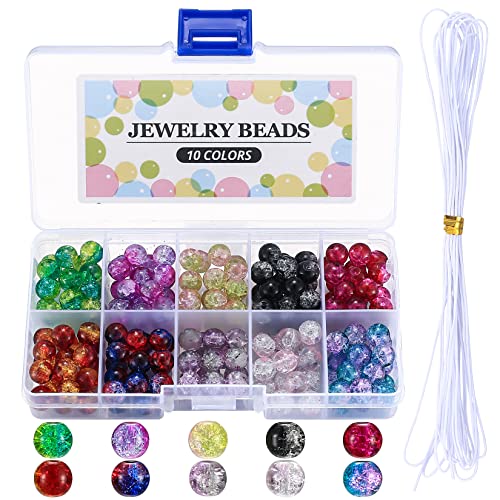 200 Stk 8 mm Crackle Glasperlen, Bunte Bastelperlen mit Löchern, Runde Mixed Split Crackle Glass Lose Perlen zum Basteln von Halsketten, Armbändern, Schmuck, mit 1 x weißem elastischem Faden von Xiaomoyu