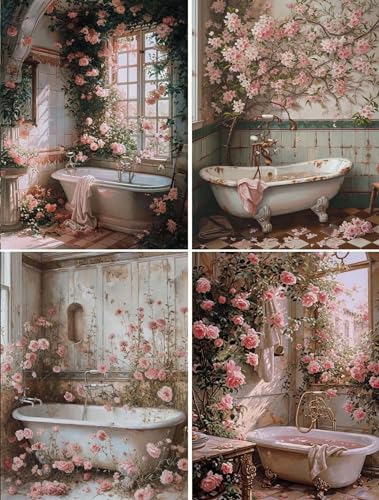 4 Stück Diamond Painting Full Set, Blumen Diamond Painting Erwachsene Kinder, DIY 5D Badezimmer Diamant Malerei Bilder, 4er Set Strass Stickerei Painting für Wand Dekorationen und Geschenk 30x40cm von Xiaonu