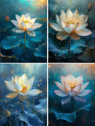 4 Stück Diamond Painting Full Set, Blumen Diamond Painting Erwachsene Kinder, DIY 5D Lotusblumen Diamant Malerei Bilder, 4er Set Strass Stickerei Painting für Wand Dekorationen und Geschenk 15x20cm von Xiaonu