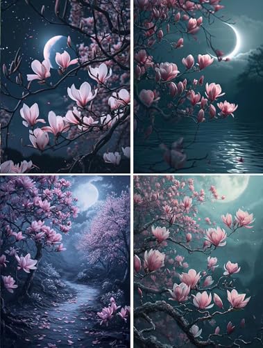 4 Stück Diamond Painting Full Set, Pflaumenblüte Diamond Painting Erwachsene Kinder, DIY 5D Mond Diamant Malerei Bilder, 4er Set Strass Stickerei Painting für Wand Dekorationen und Geschenk 15x20cm von Xiaonu
