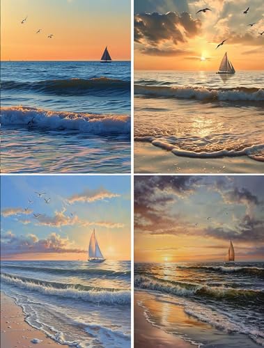 Diamond Painting, 4 Pack 5D Diamant Painting Bilder Erwachsene Kinder, DIY Meer Diamant Malerei Set, 4 Stück Segelboot Diamond Painting für Wohnzimmer Schlafzimmer Wand Dekoration Geschenk 15x20cm von Xiaonu