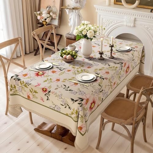 Xiazhilaio Rechteckige Tischdecke mit Blumenmuster, strapazierfähig, wasserdicht, mit Blumen- und Blättermuster, Leinentischdecke mit Spitze für Küche, Esszimmer, Erntedankfest, Weihnachten, Outdoor von Xiazhilaio