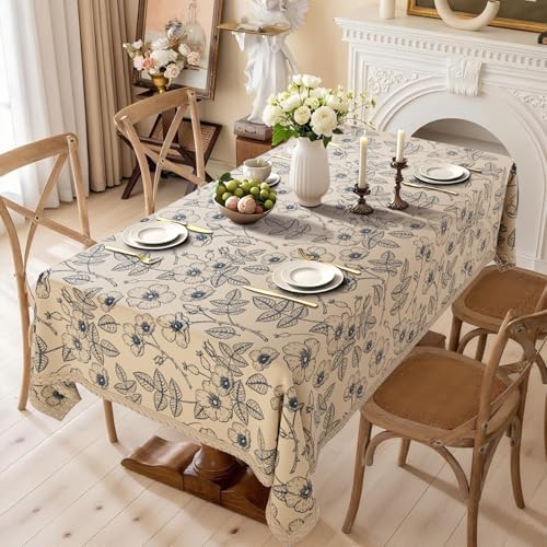 Xiazhilaio Rechteckige Tischdecke mit Blumenmuster, strapazierfähig, wasserdicht, mit Blumen- und Blättermuster, Leinentischdecke mit Spitze für Küche, Esszimmer, Erntedankfest, Weihnachten, Outdoor von Xiazhilaio