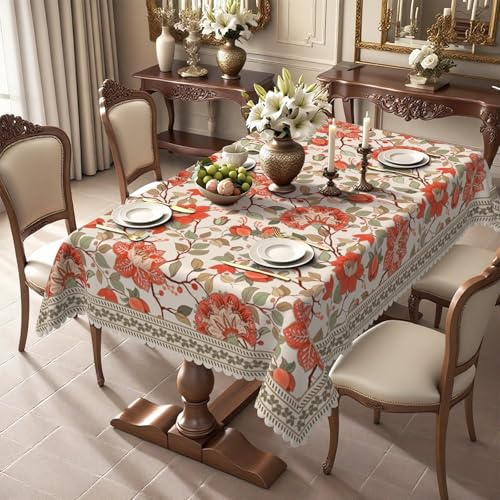 Xiazhilaio Rechteckige Tischdecke mit Blumenmuster, strapazierfähig, wasserdicht, mit Blumen- und Blättermuster, Leinentischdecke mit Spitze für Küche, Esszimmer, Erntedankfest, Weihnachten, Outdoor von Xiazhilaio