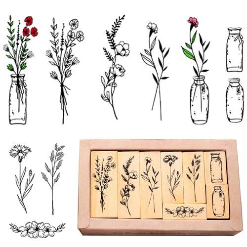 Xiciki 8 Stück Holzstempel Set,Stempel Blumen,Stempel Set,Stempel Geburtstag,Stempelkissen Bunt,Holzstempel Set Vintage,Stempel Holz für Scrapbooks Journals Tagebücher Crafts DIY Karten von Xiciki