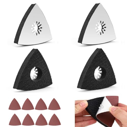 Xiciki 4 Stück Multitool Schleifplatte 80mm,Fein schleifplatte,mit 8 Schleifpapier Dreieckschleifer,Dreieck Schleifplatte Set,für Schleifen von Holz,Metall,Hartplastik,Putz,Schleifen,Entrosten von Xiciki