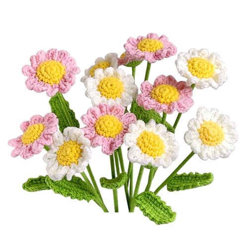 Xidmold 10 Stück Handgefertigte Gestrickte Gänseblümchen, Gestrickte Blumenstrauß, Häkel Gänseblümchen, Häkelblumen Wollgarn Gänseblümchen Blumenornamente (Rosa & Weiß) von Xidmold