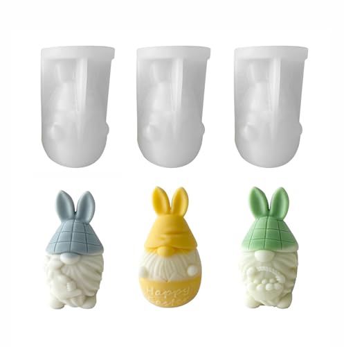 Xidmold 3 Stück Ostern Wichtel Kerzeform 3D Kaninchen Ei Zwerge Silikonform für Fondant, Sojawachs Kerzen, Seife, Figur, Gips, Epoxidharz, Handwerk von Xidmold