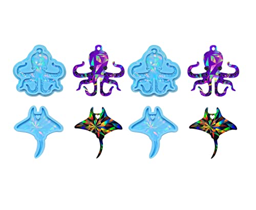 Xidmold 4 Stück Holografisch Effekt Oktopus Mantarochen Silikonformen Epoxidharz Formen Anhänger Harz Formen, Harz Ggießen Formen für Schlüsselanhänger, Schmuck Anhänger von Xidmold