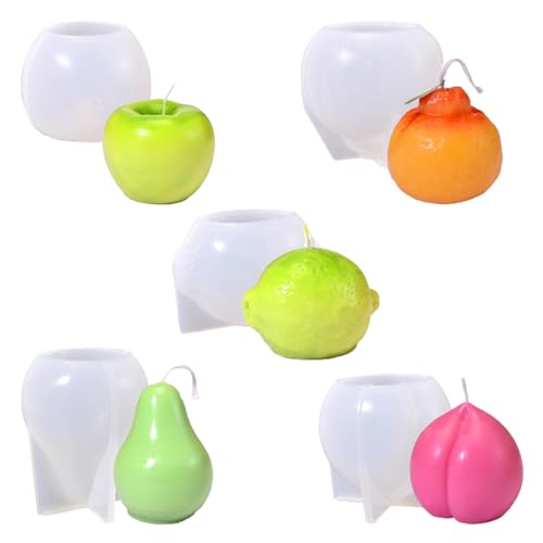 Xidmold 5er-Set 3D-Frucht Kerzen Silikonformen - Birne, Apfel, Pfirsich, Zitrone, Orange Kerzen- & Epoxidharz-Gießformen für DIY Wachs, Harzkunst, Kuchen-Deko - Deko-Bastelprojekte von Xidmold