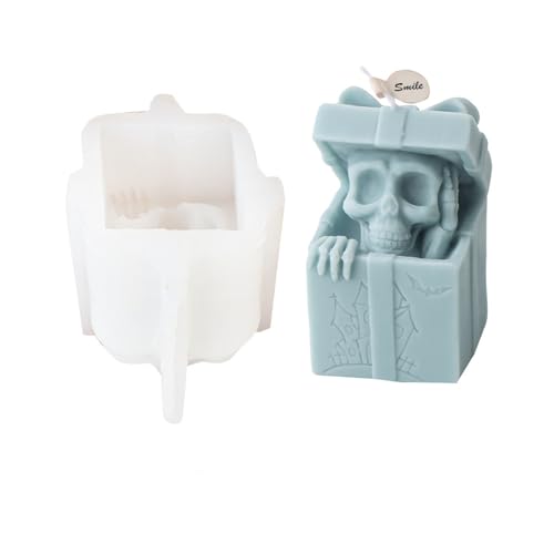 Xidmold Geschenkbox Schädel Kerzenform Silikon, Totenkopf Kerzen Form Gießform, Halloween Silikonform für Fondant, Schokolade, Sojawachs Kerzen, Epoxidharz, Gips, Seife, Handwerk (Nicht hören) von Xidmold
