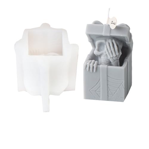 Xidmold Geschenkbox Schädel Kerzenform Silikon, Totenkopf Kerzen Form Gießform, Halloween Silikonform für Fondant, Schokolade, Sojawachs Kerzen, Epoxidharz, Gips, Seife, Handwerk (Nicht sehen) von Xidmold