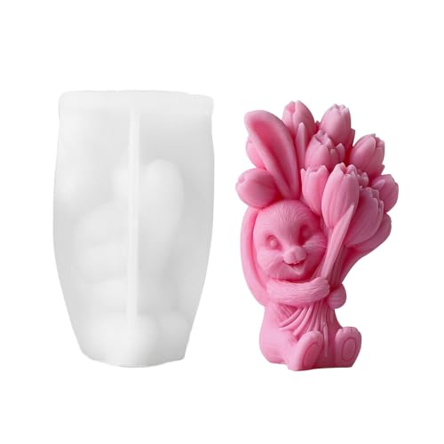 Xidmold Ostern Hase Silikonform Gießform für Fondant, Tortendeko, Schokolade, Sojawachs Kerzen, Seife, Gips, Handwerk (Hase hält Tulpen) von Xidmold