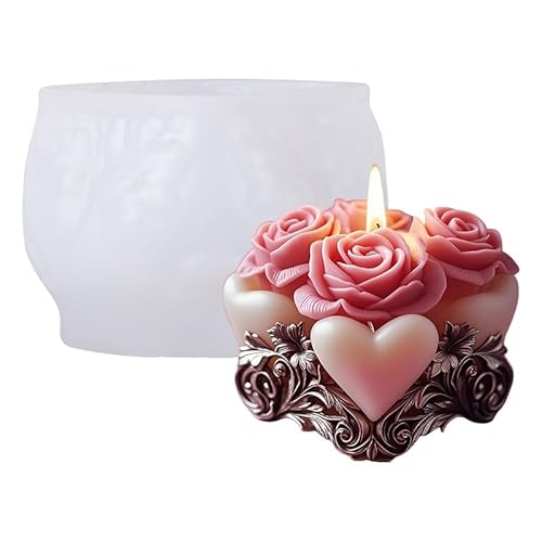 Xidmold Rosen & Herz Silikonform Set - Quadratische 3D Blumen Kerzenformen für DIY Fondant, Schokolade, Tortendeko, Seife, Sojawachs Kerzen, Gips, Handwerk，& Gipsdekoration (A) von Xidmold