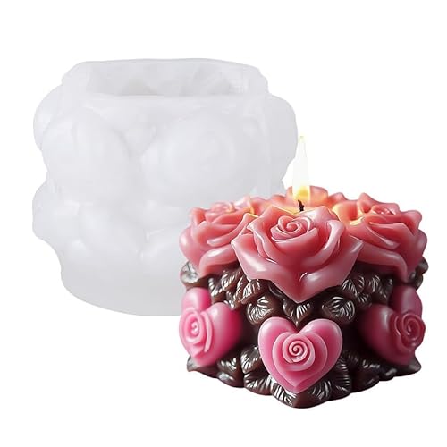 Xidmold Rosen & Herz Silikonform Set - Quadratische 3D Blumen Kerzenformen für DIY Fondant, Schokolade, Tortendeko, Seife, Sojawachs Kerzen, Gips, Handwerk，& Gipsdekoration (D) von Xidmold