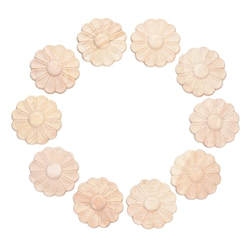 10 Stück unlackierte Holzrosetten, kleine Onlay-Applikationen, Dekoration (Durchmesser 4 cm), unlackierte runde Blumen-Schnitzerei-Aufkleber für Zuhause, Truhen, Schrank, Kommode, Bett, Wand von Xidouyuer