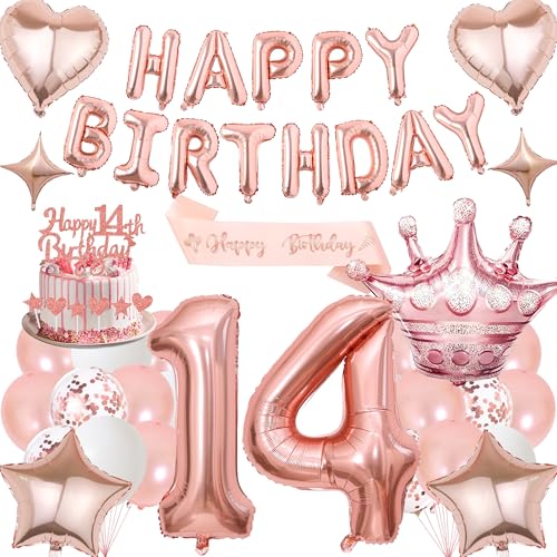 Deko 14. Geburtstag Mädchen Luftballons Rosegold - 14 Geburtstagsdeko Happy Birthday Folienballons Tortendeko, Schärpe und Riesen Zahlenballon 14 für Geburtstagsfeier Dekoration Deko 14. Geburtstag Mädchen Luftballons Rosegold - 14 Geburtstagsdeko Happy Birthday Folienballons Tortendeko, Schärpe und Riesen Zahlenballon 14 für Geburtstagsfeier Dekoration von Xietaea