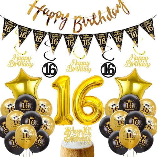Xietaea 16 Geburtstag Deko Jungen Mädchen - Schwarz Gold Luftballons Happy Birthday Girlande Tortendeko, XXL Zahlenballon Hängende Spiralen und Wimpel für 16 Jahre Geburtstagsdeko Xietaea 16 Geburtstag Deko Jungen Mädchen - Schwarz Gold Luftballons Happy Birthday Girlande Tortendeko, XXL Zahlenballon Hängende Spiralen und Wimpel für 16 Jahre Geburtstagsdeko von Xietaea