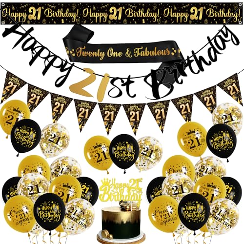 21 Geburtstag Deko Schwarz Gold - 21. Geburtstagsdeko Männer Frau, Happy Birthday Girlande Wimpelkette Banner Schärpe Tortendeko und Luftballons zum 21. Geburtstag 21 Geburtstag Deko Schwarz Gold - 21. Geburtstagsdeko Männer Frau, Happy Birthday Girlande Wimpelkette Banner Schärpe Tortendeko und Luftballons zum 21. Geburtstag von Xietaea