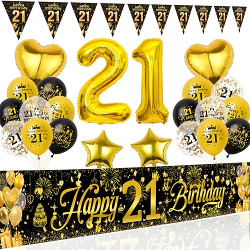 21. Geburtstag Deko Mann Frau - Schwarz Gold Geburtstagsdeko Luftballons Happy Birthday Banner, Riesen Zahlenballon und Wimpel für 21 Jahre Geburtstagsparty Dekoration 21. Geburtstag Deko Mann Frau - Schwarz Gold Geburtstagsdeko Luftballons Happy Birthday Banner, Riesen Zahlenballon und Wimpel für 21 Jahre Geburtstagsparty Dekoration von Xietaea