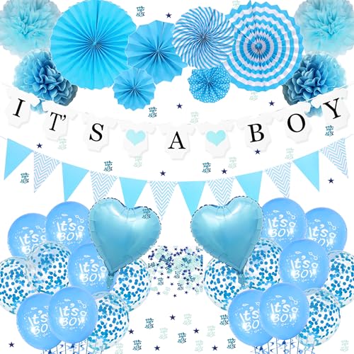 Babyparty Deko Junge - 45 Stück Blau Baby Shower Deko mit Its A Boy Girlande Banner Wimpelkette Luftballons Papier Fächer Pompoms und Konfetti, Welcome Baby Boy Gender Reveal Party Dekoration Babyparty Deko Junge - 45 Stück Blau Baby Shower Deko mit Its A Boy Girlande Banner Wimpelkette Luftballons Papier Fächer Pompoms und Konfetti, Welcome Baby Boy Gender Reveal Party Dekoration von Xietaea