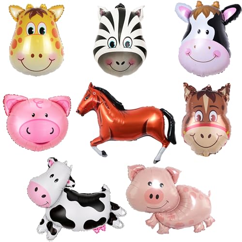 8 Stück Bauernhof Geburtstag Deko Ballons Kit - Riesigen Tiere Folienballon Party Dekoration, Tierkopf Luftballons Dekorationen für Kindergeburtstag Baby Shower Babyparty Tier Mottoparty von Xietaea