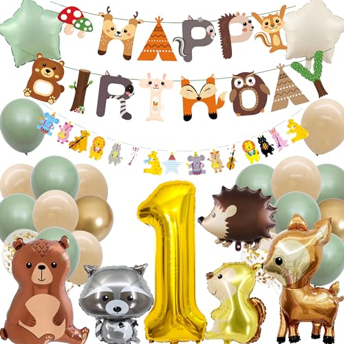 Deko 1. Geburtstag Mädchen Junge - Waldtiere Geburtstagsdeko mit Happy Birthday Girlande Tiere Luftballons, Safari Folienballons für Kindergeburtstag Dschungel Party Dekoration Deko 1. Geburtstag Mädchen Junge - Waldtiere Geburtstagsdeko mit Happy Birthday Girlande Tiere Luftballons, Safari Folienballons für Kindergeburtstag Dschungel Party Dekoration von Xietaea