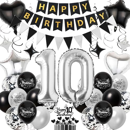 Deko 10 Geburtstag Junge Schwarz Silber - 10. Geburtstagsdeko Luftballons Happy Birthday Girlande Tortendeko, Riesen Zahlenballon und Hängende Wirbel für 10 Jahr Jungen Geburtstagsfeier Deko 10 Geburtstag Junge Schwarz Silber - 10. Geburtstagsdeko Luftballons Happy Birthday Girlande Tortendeko, Riesen Zahlenballon und Hängende Wirbel für 10 Jahr Jungen Geburtstagsfeier von Xietaea