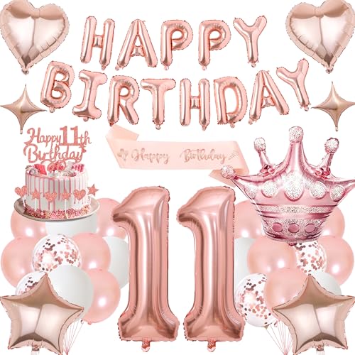Deko 11. Geburtstag Mädchen Luftballons Rosegold - 11 Geburtstagsdeko Happy Birthday Folienballons Tortendeko, Schärpe und Riesen Zahlenballon 11 für 11 Jahre Party Dekoration Deko 11. Geburtstag Mädchen Luftballons Rosegold - 11 Geburtstagsdeko Happy Birthday Folienballons Tortendeko, Schärpe und Riesen Zahlenballon 11 für 11 Jahre Party Dekoration von Xietaea
