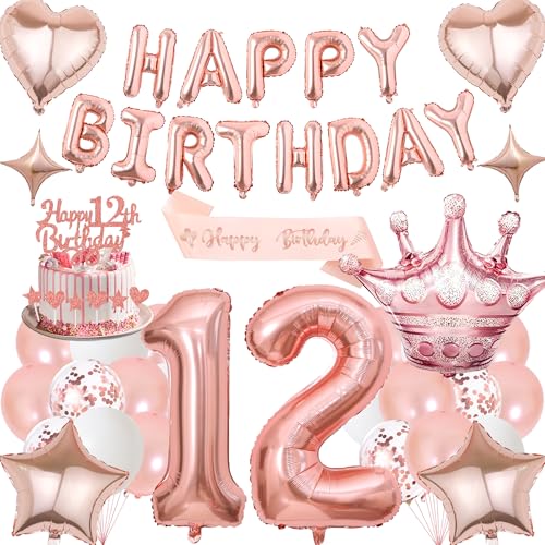 Deko 12 Geburtstag Mädchen Luftballons Rosegold - 12 Geburtstagsdeko Happy Birthday Folienballons Tortendeko, Schärpe und Riesen Zahlenballon 12 für 12. Geburtstagsfeier Dekoration Deko 12 Geburtstag Mädchen Luftballons Rosegold - 12 Geburtstagsdeko Happy Birthday Folienballons Tortendeko, Schärpe und Riesen Zahlenballon 12 für 12. Geburtstagsfeier Dekoration von Xietaea