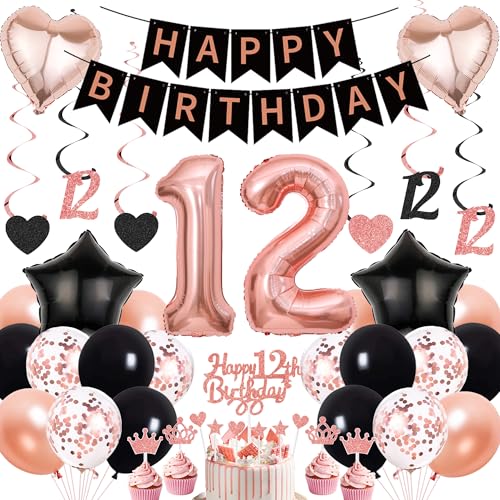Deko 12. Geburtstag Mädchen Rosegold Schwarz - 12 Geburtstagsdeko Luftballons Happy Birthday Girlande Tortendeko, Riesen Zahlen Ballons und Hängende Wirbel zum 12 Jahr Party Dekoration Deko 12. Geburtstag Mädchen Rosegold Schwarz - 12 Geburtstagsdeko Luftballons Happy Birthday Girlande Tortendeko, Riesen Zahlen Ballons und Hängende Wirbel zum 12 Jahr Party Dekoration von Xietaea