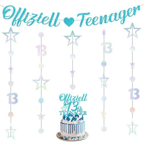 Deko 13. Geburtstag Mädchen Junge - Offizielle Teenager 13. Geburtstagsdeko Banner, Glitzer Tortendeko 13 Years Old Birthday Twinkle Star Girlande Hanging Streamer (Blau) von Xietaea