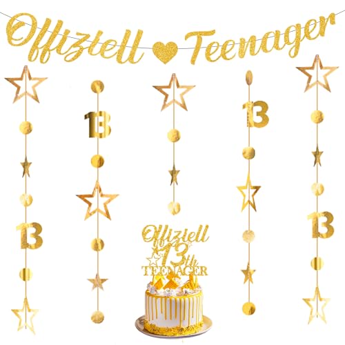 Deko 13. Geburtstag Mädchen Junge - Offizielle Teenager 13. Geburtstagsdeko Banner, Glitzer Tortendeko 13 Years Old Birthday Twinkle Star Girlande Hanging Streamer (Gold) von Xietaea