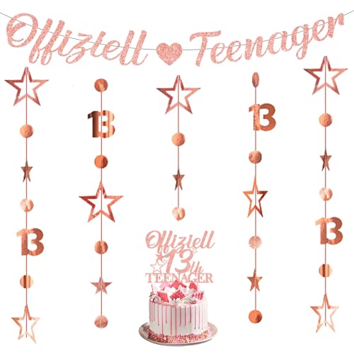 Deko 13. Geburtstag Mädchen Junge - Offizielle Teenager 13. Geburtstagsdeko Banner, Glitzer Tortendeko 13 Years Old Birthday Twinkle Star Girlande Hanging Streamer (Rosa) von Xietaea