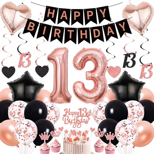 Deko 13. Geburtstag Mädchen Rosegold Schwarz - 13 Geburtstagsdeko Luftballons Happy Birthday Girlande Tortendeko, Riesen Zahlen Ballons und Hängende Wirbel zum 13. Teenager Party Dekoration Deko 13. Geburtstag Mädchen Rosegold Schwarz - 13 Geburtstagsdeko Luftballons Happy Birthday Girlande Tortendeko, Riesen Zahlen Ballons und Hängende Wirbel zum 13. Teenager Party Dekoration von Xietaea
